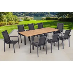 OUTFLEXX Garten-Essgruppe, OUTFLEXX® anthrazit matt, Alu / Teak / Textil, Ausziehtisch 150/210x90cm, 8 Stapelsessel
