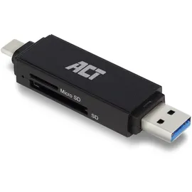 ACT USB C, unterstützt USB und USB C 3.0, Universal SD Kartenleser, Micro SD/SD/SDHC/SDXC/T-Flash, USB C Card Reader SD/micro SD USB-C or USB-A, black Speicherkartenlesegerät, Schwarz
