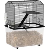 PawHut Hamsterkäfig, Nagerkäfig, 3 Etagen, mit Rädern, 2 Plattformen und 2 Leitern, c, aus Stahldraht, 57 x 43 x 74 cm, schwarz