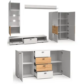Feldmann-Wohnen Wohnwand, Weiß Hochglanz, Braun, Holz, 13 Fächer, 5 Schubladen, Rechteckig, 450x144x60 cm, Wohnzimmer, Wohnwände, Wohnwand-Sets
