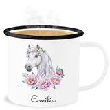 Emaille Becher Blechbecher - Pferde - Pferdemotiv Pferdekopf Pferd Name - 300 ml - Weiß Schwarz - tasse pferden pferdemädchen emaille+tasse+kinder+personalisiert pferdeliebhaber kinder pferdefan