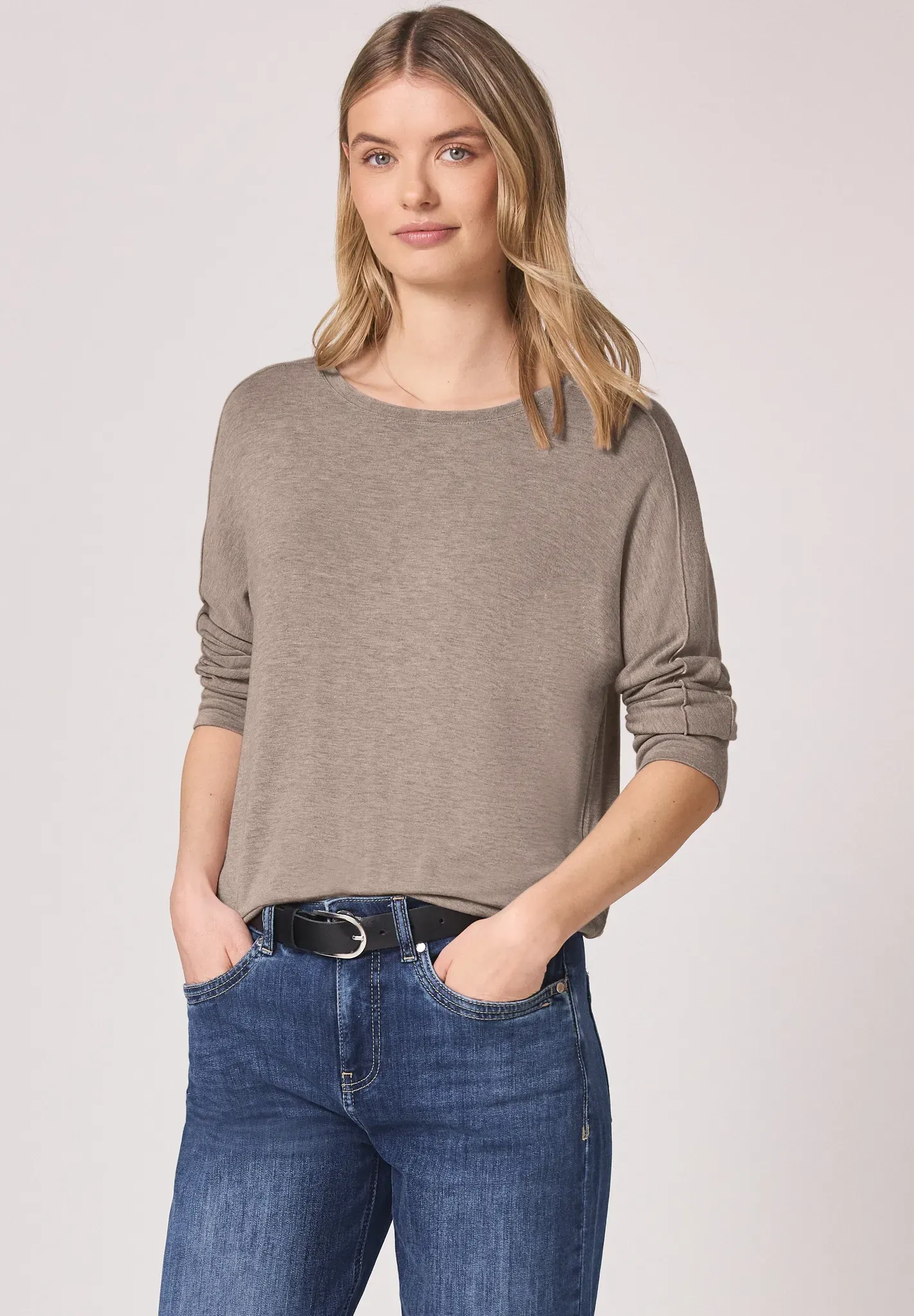 3/4-Arm-Shirt STREET ONE, Damen, Gr. 44, beige (light terra mocha meliert), Stoff, 95% Viskose, 5% Elasthan, unifarben, normal normal, Rundhals, Bündchen, Shirts 3/4-Arm-Shirt, Jersey