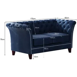 s-style möbel Chesterfield-Sofa 2-Sitzer Fusion Blau Samt