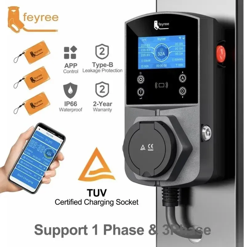 feyree EV-Charger-Steckdose, Version 22kW, intelligenter Elektroauto-Ladeger, NACS Type1 und GB/T-Stecker, EVSE Wallbox, WLAN-App-Steuerung