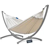 Potenza Outdoor Hängematte mit Verzinkter Gestell für 2 Personen I Baumwolle Doppelhängematte XXL 220x160, 200kg I Hängemattengestell 220kg, wetterfest (Ecru, Gestell Grau)