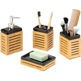 bremermann Badezimmer-Set 4-tlg. Bambus, Keramik, Badezimmer-Zubehör-Set (Keramik-Schwarz)