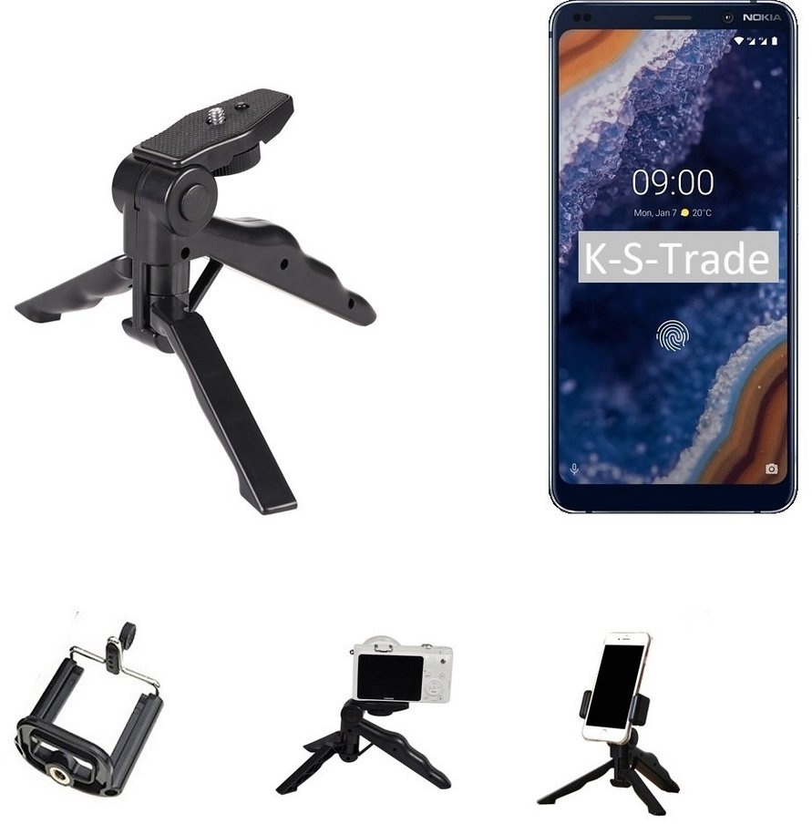 K-S-Trade für Nokia 9 Smartphone-Halterung, (Stativ Tisch-Ständer Dreibein Handy-Stativ Ständer Mini-Stativ) schwarz