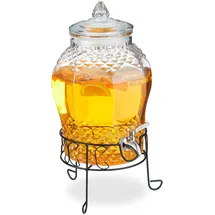 Relaxdays Getränkespender mit Ständer, Limobehälter 8L, Edelstahl Zapfhahn & Deckel, Wasserspender, Glas, transparent