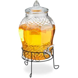 Relaxdays Getränkespender mit Ständer, Limobehälter 8L, Edelstahl Zapfhahn & Deckel, Wasserspender, Glas, transparent