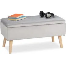 Relaxdays Sitzbank mit Stauraum, Samtbezug, 40 L, gepolstert, Holzbeine, Flur, 2er Truhenbank, 41 x 80 x 40 cm, hellgrau, Holz