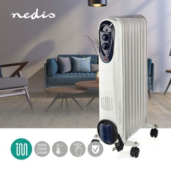 Mobiler Heizkörper Ölheizung Radiator Heizgerät mit Rollen, Thermostat Stolperschutz, weiß, 3 Stufen 800/1200/2000 Watt, BxHxT 24x62x39 cm, Nedis HTOI30WT9
