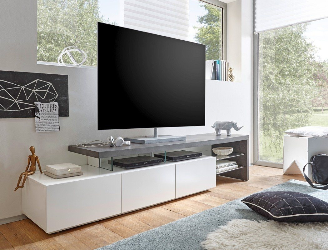 expendio TV-Board Alessa II, matt weiß / Beton 204x40x44 cm MDF mit Klarglasböden weiß