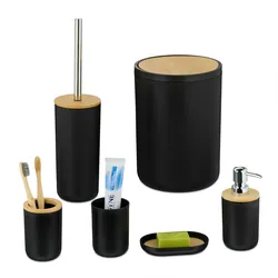 Relaxdays Badezimmer Set, 6-teilig, Badaccessoires Kunststoff, Bambus, komplette Badezimmerausstattung, schwarz/natur
