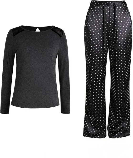 IZURIA Set aus dunkelgrauem Rundhals-Top mit langen Ärmeln und dunkelgrauer Hose, Größe M