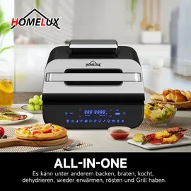 Homelux Foodi Grill & Heißluftfritteuse, 6-in-1 Airfryer Elektrischer mit Temperaturfühler, Touch-Steuerung, Max 230°C, 120-Minuten Timer, 1700W - Silber
