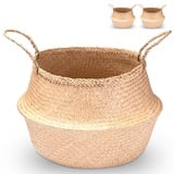 Decorasian Seegras Korb rund geflochten, Körbe zur Aufbewahrung und als Blumenkorb - Übertopf in Bast BZW. Rattan Optik - Seegraskorb mit Henkel zum Tragen - Wäschekorb - 2 Stück 45cm