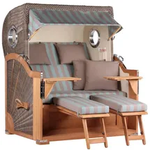 Mr. Deko MR. DEKO® Strandkorb Baltikum 2,5-Sitzer Teak | PE Geflecht Grey | Volllieger Strandkörbe aus Teakholz mit 2 Bullaugen & Fußablagen | Polster mit 4 Kissen | Strandstuhl (Dessin 520)