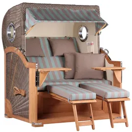 Mr. Deko MR. DEKO® Strandkorb Baltikum 2,5-Sitzer Teak | PE Geflecht Grey | Volllieger Strandkörbe aus Teakholz mit 2 Bullaugen & Fußablagen | Polster mit 4 Kissen | Strandstuhl (Dessin 520)