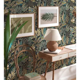 A.S. Création Tapete Floral", Blau grün Gelb Antigua 390955 - Pflanzen Tapete mit Blättern Retro Tapeten Wohnzimmer modern Flur Büro