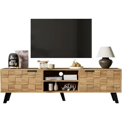 OKWISH TV-Schrank 160x35x45 cm Holzmaserung mit Schranktüren und offenen Fächern, Dämpfungsscharnieren, Saugroboter-freundlich modernes Wohnzimmermöbel