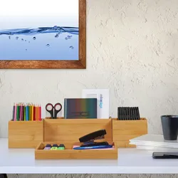 Relaxdays Schreibtisch Organizer, 4er Set, Stiftehalter, Bambus Ablage, Stifteschale, für Büro Utensilien, Briefe, natur