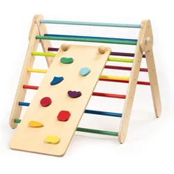 Klettergerüst mit Rampe und Rutsche, Kletterdreieck aus Holz Montessori, Bunt braun|blau|rot No Size