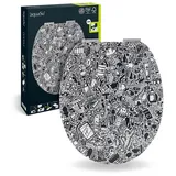 SANITOP-WINGENROTH aquaSu® WC-Sitz Motiv Doodle Holzkern Toilettendeckel mit Absenkautomatik | Belastbar bis 300 kg | 3-seitig | O-Form | Top-Fix | Take-Off |...