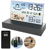 OKWISH Digital Wetteruhr Thermometer Raumthermometer Temperaturanzeige Funk Wetterstation (Mit Sensor und USB-Kabel, Außensensor Dual Alarm Temperatur Wettervorhersage Wetter Innen Außen) schwarz