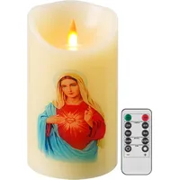 QQFCTOO LED Marienkerze mit Herz-Mariä-Motiv, Fernbedienung & Timer, Echtwachs, 3D-Flamme, 8 x 15 cm