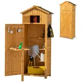 KOMFOTTEU Gartenschrank Holz, Gerätehaus Outdoor wetterfest, Geräteschuppen mit Satteldach, Werkzeugschrank Holzschuppen mit Regal Faltbarem Tisch, 180x65x42 cm, Natur