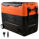 Skandika Elektrische Kühlbox Auto-Gefrierbox 55 L, Camping Kompressor Kühlschrank mit Trennwand, 12V Stecker, Netzteil für Steckdose, +10° bis -20°C, LKW, Bus, Camper orange