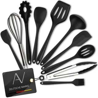 AVANA Silikon Küchenhelfer Set, 10 Stück Küchenutensilien Kochgeschirr Hitzebeständig Kochbesteck Backen Kochen Antihaft Kochzange, Schneebesen, Spachtel, Backpinsel, Pfannenwender - Schwarz