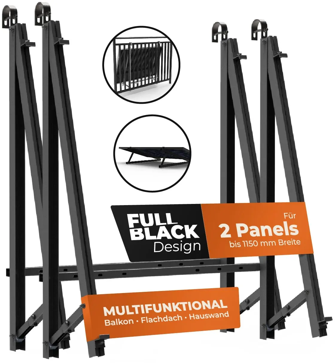 Solarway Balkonkraftwerk Halterung Geländer, Fassade und Flachdach Befestigung für 2 Solarmodule Halterung   Set   Neigungswinkel 10-30°  BLACK