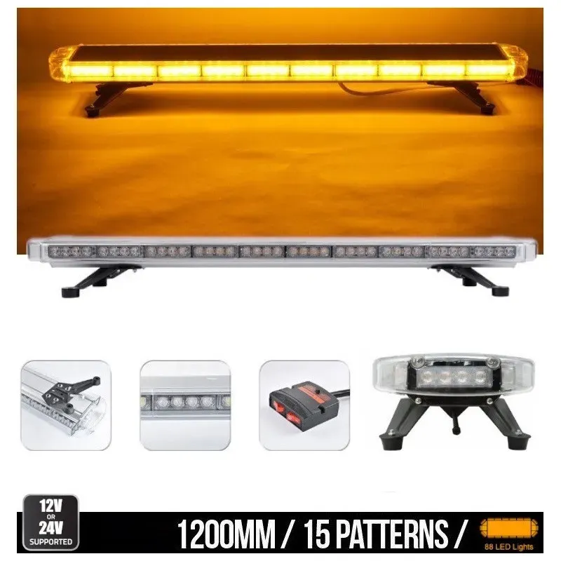 Leistungsstarke Warnleuchte 120 cm, 88 LEDs, LED-Blitzleuchte, Kuppel/LED-Bar, 12–24 V, mit 15 Betriebsarten, gelb, für Pannenhi