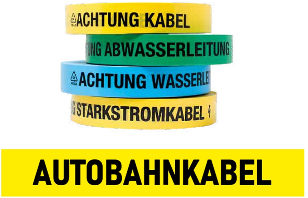 FLUID 20026 Trassenwarnband aus PE Gelb mit Aufdruck ACHTUNG AUTOBAHNKABEL Länge 250m