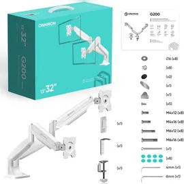 ONKRON Monitorhalterung 2 Monitore für 13-32 Zoll, bis 9 kg (x2), VESA 75x75 / 100x100, schwenkbar, neigbar, drehbar, Weiß G200-W