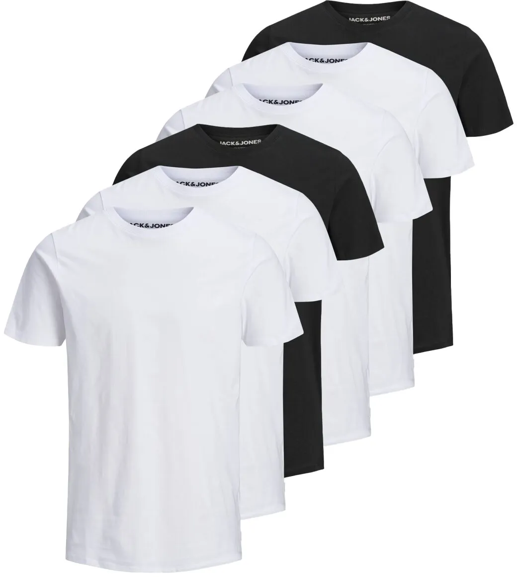 JACK&JONES Herren T-Shirt, 6er Pack - JJEORGANIC BASIC TEE O-NECK, Kurzarm, Bio-Baumwolle Weiß/Schwarz M