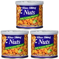Khao Shong Chili 'n Lime Peanuts, Erdnüsse mit Chili & Limette überzogen, knackige Nüsse im fruchtig-scharfen Teigmantel, kunspriger Snack, (1 x 140 g Dose) (Packung mit 3)