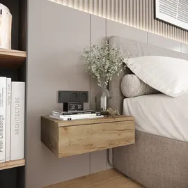 komto Wandregal mit Schublade Honing Eiche - Nachttisch Hängend 2er Set Nachttisch Wandmontage Wandschublade Nachtschrank Hängend | Monaco 46 x 30 x 15 cm