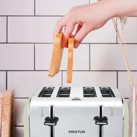 Prixton Bianca Toaster | 4 Scheiben, 7 Röststufen, Leistung 1900W, Langschlitz, Edelstahl, Defrost Funktion, Wärmeisolierendes Gehäuse, inkl. Krümelschale
