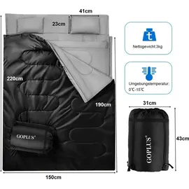 Costway 2 in 1 Doppelschlafsack, Einzelschlafsack XL, Deckenschlafsack 2 Personen/mit 2 Kissen 220x150cm / für Camping, Wandern, Aktivitäten im Freien