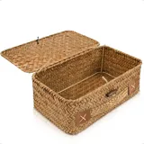 HUALIANG Rattan Aufbewahrung Korb mit Deckel klein,Natürliches Seegras Geflochtener Regalkörbe,Multifunktionaler Aufbewahrungsbox zum von Spielzeug Kosmetika badezimmer toilettenpapier aufbewahrung