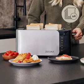 Zeegma TOSTEE SMART 4-Scheiben-Edelstahl-Brottoaster, Brötchenhalter, 1500 W, Auftauen, & Stoppen, Krümelfach, Touchpanel, Timer, 6 Stufen