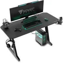SENSE7 Nomad Classic, Gaming Tisch 140x60, PC Tisch mit Kopfhörerhaken, Getränkehalter, Controller Halter, Gaming Computertisch mit Kohlefaseroberfläche, Ergonomischer Gaming Desk