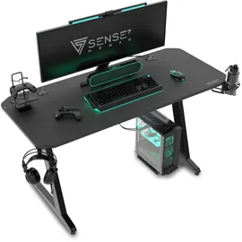 SENSE7 Nomad Classic, Gaming Tisch 140x60, PC Tisch mit Kopfhörerhaken, Getränkehalter, Controller Halter, Gaming Computertisch mit Kohlefaseroberfläche, Ergonomischer Gaming Desk