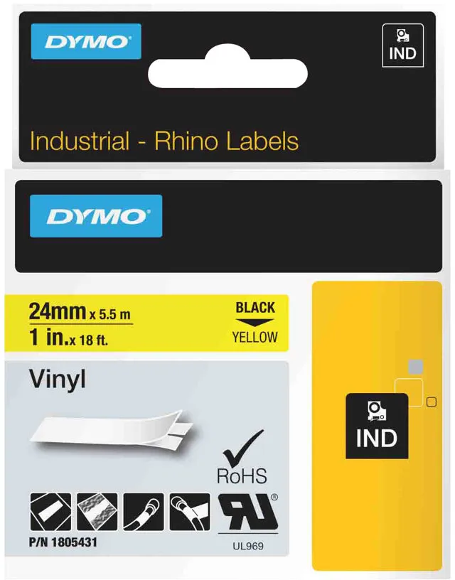 Dymo Rhino Coloured Vinyl - Vinyl - Schwarz auf Gelb - Rolle (2,54 cm x 5,5 m)