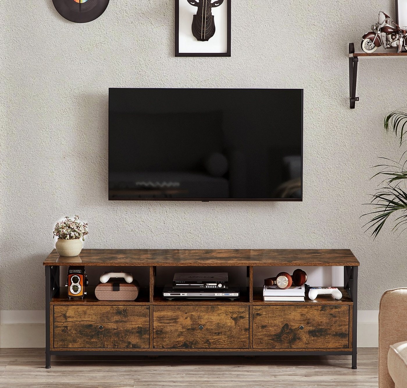 VASAGLE Lowboard TV-Schrank, 3 Schubladen, Breite 147/178cm, Stahlgestell braun|schwarz 147 cm