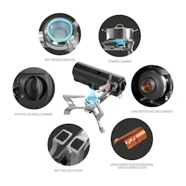 evocamp Gaskocher mit Tragetasche, klappbaren Gas Campingkocher mit Wärmeleitblech Camping Kocher mit Piezozündung