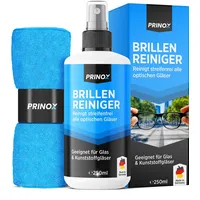 PRINOX Brillenreiniger Set 250ml mit Mikrofaser Brillenputztuch - Brillen Reiniger mit Mikrofaser Tuch für alle Brillen gegen Fettflecken und Fingerabdrücke auf der Brille