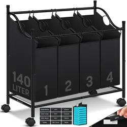 KESSER® Wäschekorb Wäschesammler Wäschesortierer mit abnehmbaren Stofftaschen   Wäschebox mit 12 Waschhinweisen 360° Rollen mit Bremse Wäsche-Sortiersystem Wäschewagen
